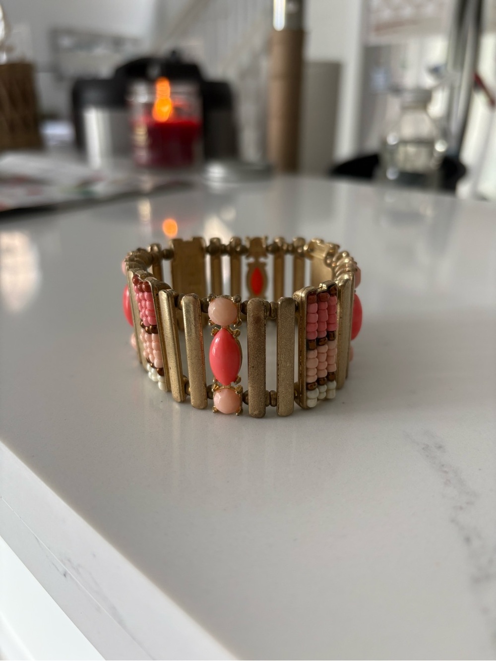 Statement Bracelet | Gold, Pink, Coral Beaded Cuff Bracelet | Item 0381